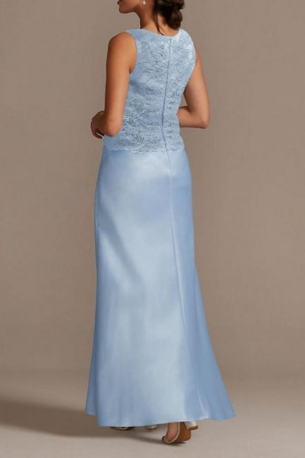 Elegant Long Blue Lace Satin Mother of the Bride Dress with Coordinati Newinlook Elegant Long Blue Lace Satin Mother of the Bride Dress with Coordinati Newinlook