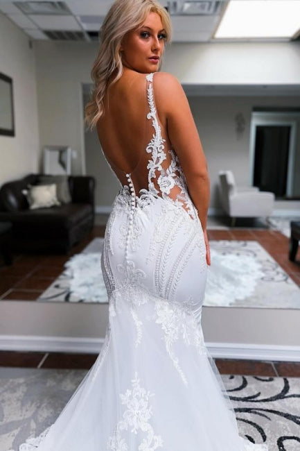 Elegant Long Mermaid Straps V-neck Backless Wedding Dress with Lace Em Newinlook Elegant Long Mermaid Straps V-neck Backless Wedding Dress with Lace Em Newinlook