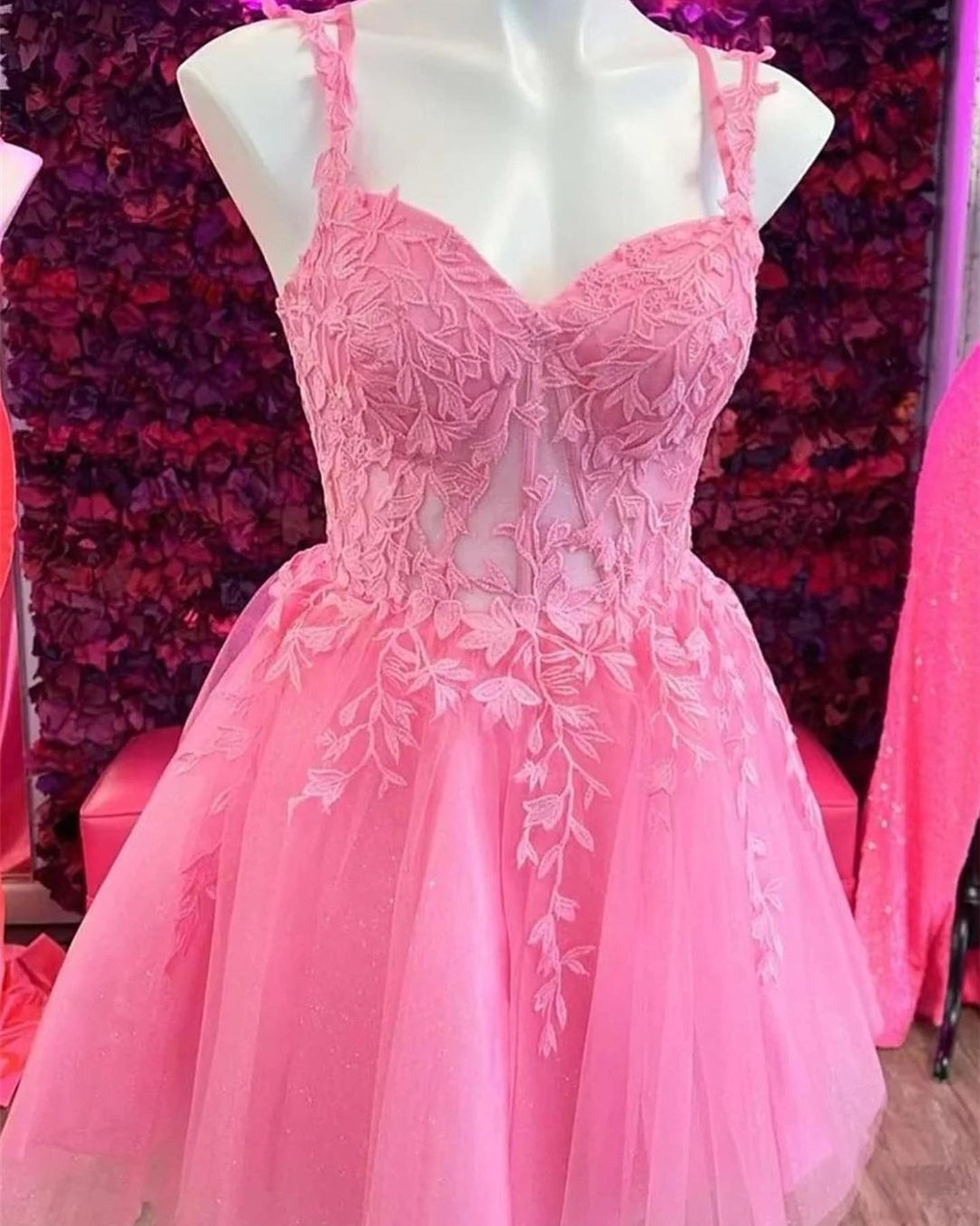 Elegant Short Pink Strap Lace Sleeveless Glitter Dress for Homecoming Newinlook Elegant Short Pink Strap Lace Sleeveless Glitter Dress for Homecoming Newinlook