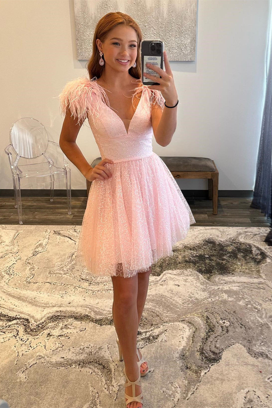 Catherine A-Line Deep V-Neck Tulle Homecoming Dress with Feathers