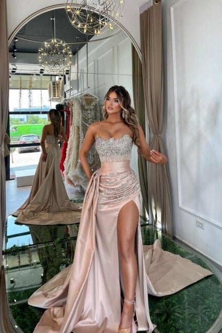 Glamorous Long Floor-Length Split Front Ruffles Sleeveless Prom Dresses with Beads