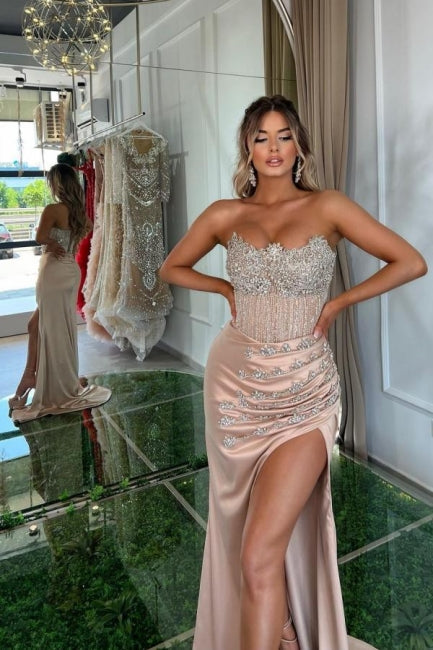 Glamorous Long Floor-Length Split Front Ruffles Sleeveless Prom Dresses with Beads
