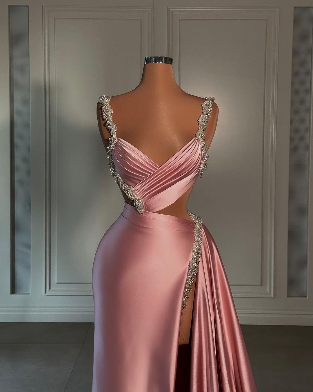 Glamorous Long Pink Strap Satin Dress with Split Front and Beading