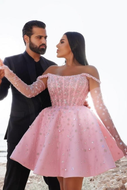 Glamorous Short Pink Cocktail Dress Off-the-shoulder Glittery Prom Dre Newinlook Glamorous Short Pink Cocktail Dress Off-the-shoulder Glittery Prom Dre Newinlook