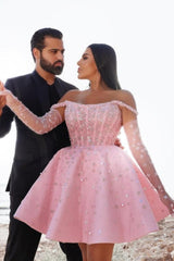 Glamorous Short Pink Cocktail Dress Off-the-shoulder Glittery Prom Dress with Lace Details