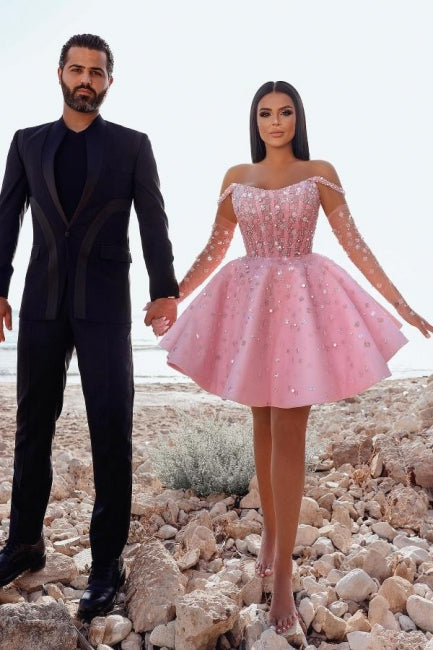 Glamorous Short Pink Cocktail Dress Off-the-shoulder Glittery Prom Dre Newinlook Glamorous Short Pink Cocktail Dress Off-the-shoulder Glittery Prom Dre Newinlook