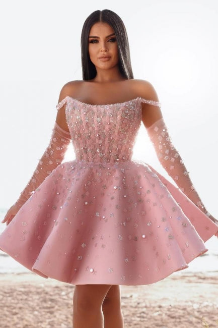 Glamorous Short Pink Cocktail Dress Off-the-shoulder Glittery Prom Dre – Newinlook Glamorous Short Pink Cocktail Dress Off-the-shoulder Glittery Prom Dre – Newinlook