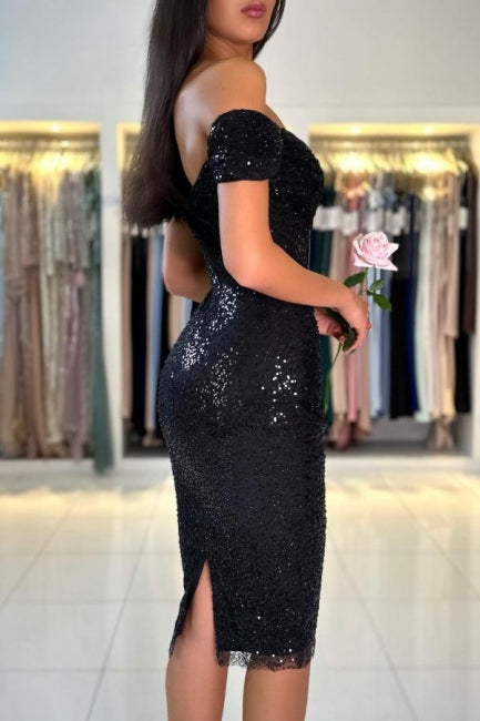 Gorgeous Short Black Off-the-shoulder Glitter Cocktail Dress Newinlook Gorgeous Short Black Off-the-shoulder Glitter Cocktail Dress Newinlook