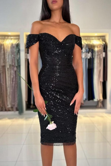 Gorgeous Short Black Off-the-shoulder Glitter Cocktail Dress Newinlook Gorgeous Short Black Off-the-shoulder Glitter Cocktail Dress Newinlook