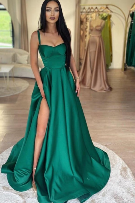 A-Line Green Shiny Elastic Satin Front Split Court Train Prom Dress