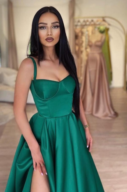 A-Line Green Shiny Elastic Satin Front Split Court Train Prom Dress