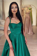 A-Line Green Shiny Elastic Satin Front Split Court Train Prom Dress