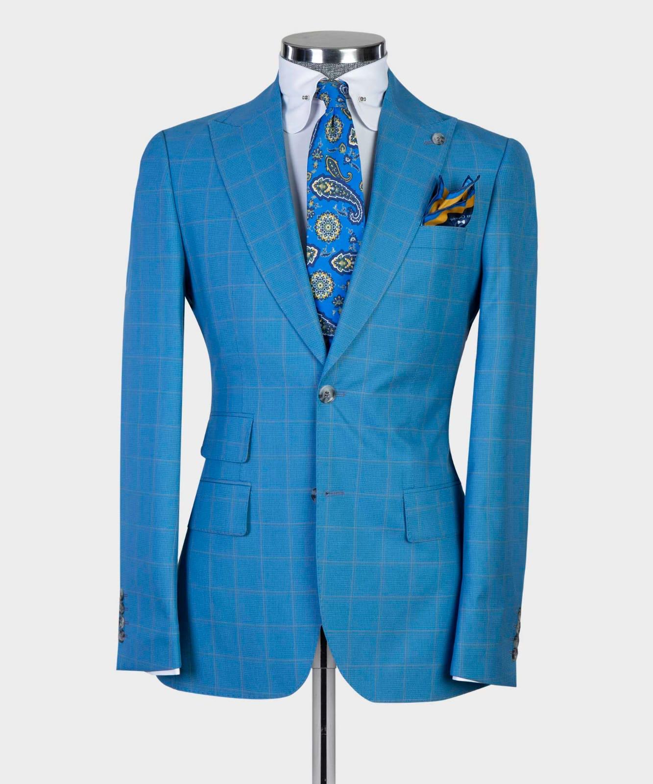 Harold Blue Plaid Three-Piece Peak Lapel Business Men’s Suits