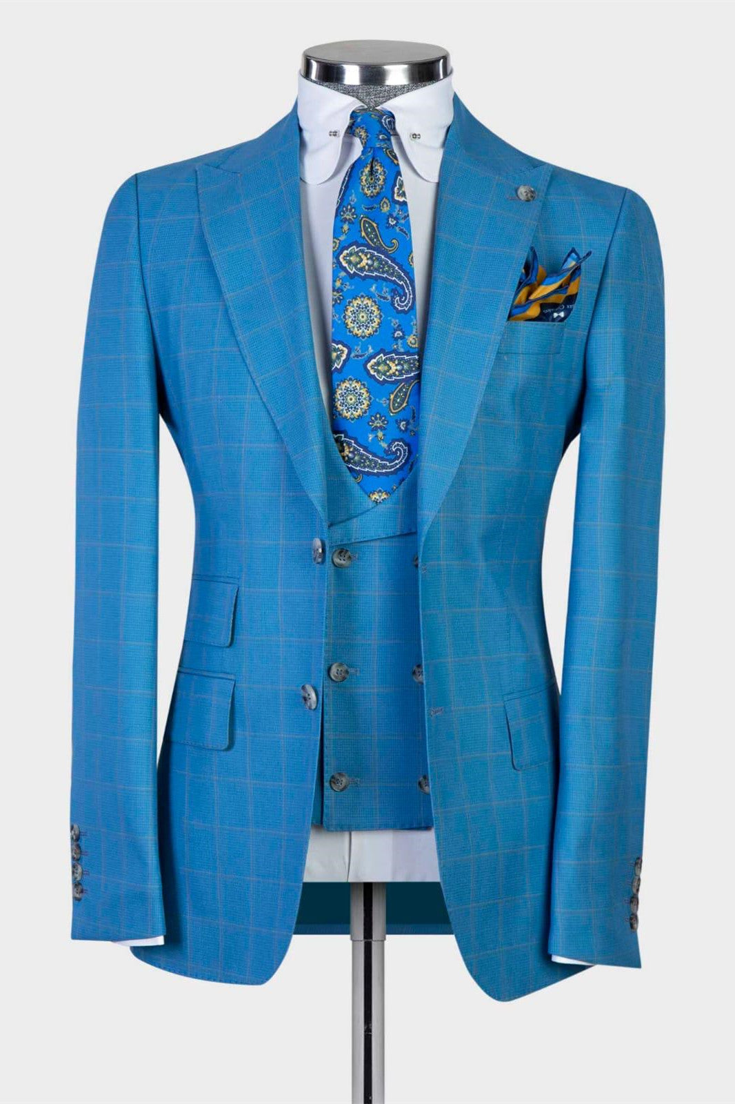 Harold Blue Plaid Three-Piece Peak Lapel Business Men’s Suits