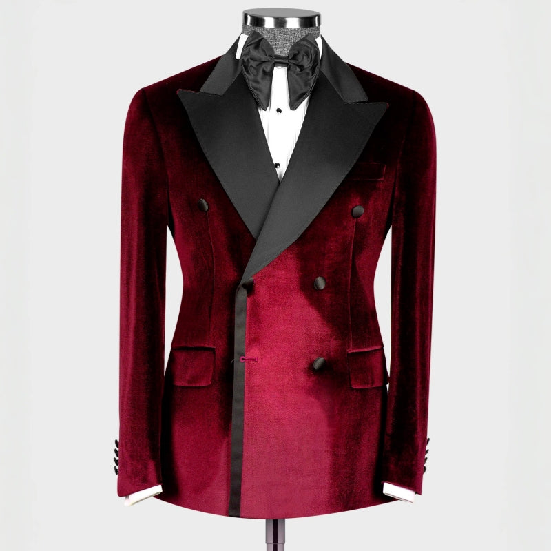 Harriet Gorgeous Burgundy Double-Breasted Velvet Peaked Lapel Prom Suit