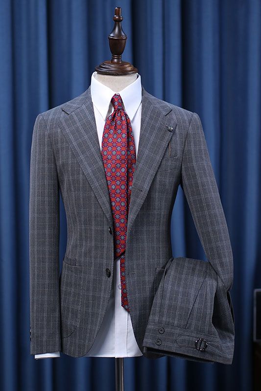 Hogan Elegant Dark Gray Plaid Notched Lapel Slim Fit Custom Suit for Business