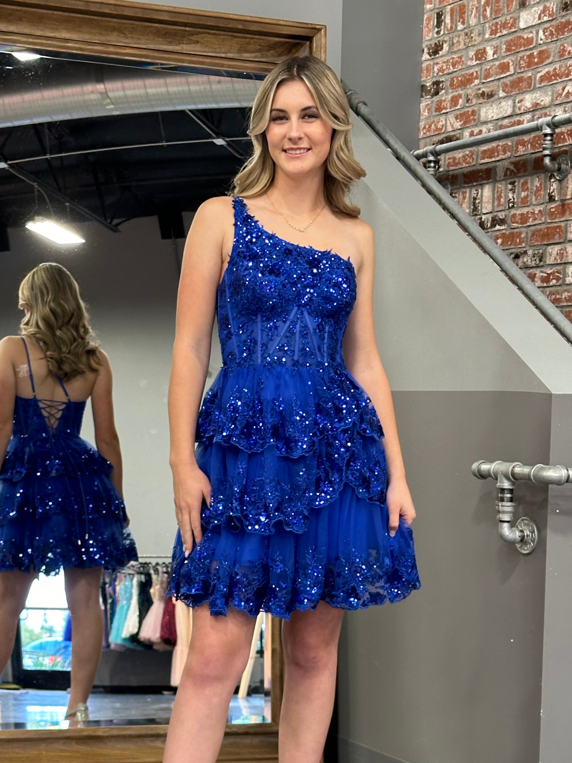 Emma A-Line One-Shoulder Navy Tiered Lace Short Homecoming Dress
