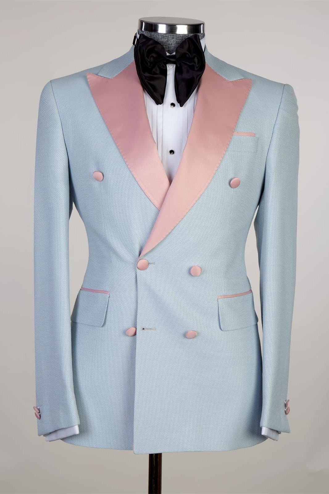 Joshua Sky Blue Sparkly Double-Breasted Men’s Suit with Pink Peaked Lapel