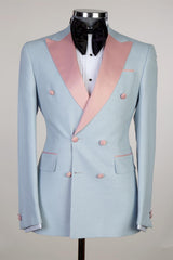 Joshua Sky Blue Sparkly Double-Breasted Men’s Suit with Pink Peaked Lapel