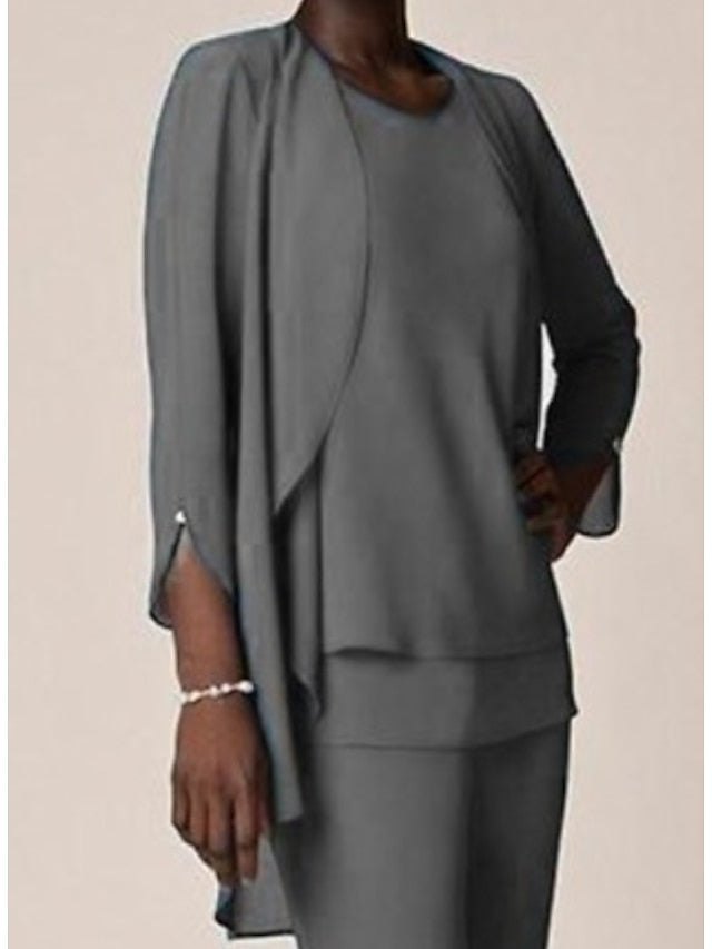 Floor-Length V-Neck Chiffon Pantsuit with Ruffles for the Mother of the Bride