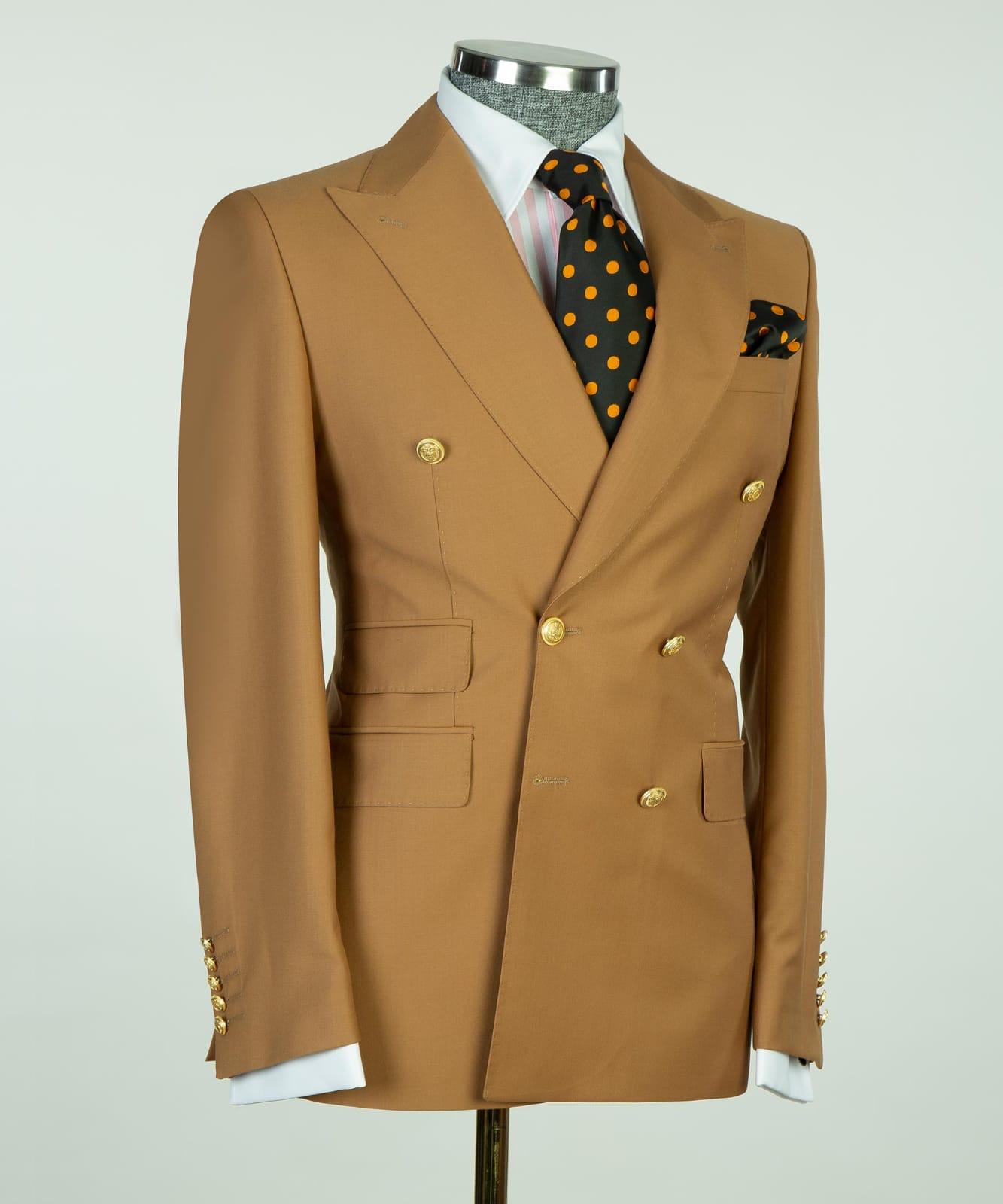 Leonard Light Brown Double Breasted Peak Lapel Business Men’s Suits
