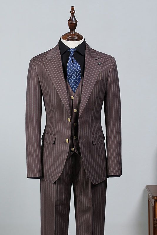 Les Popular Brown Striped Peak Lapel Slim Fit Business Suit