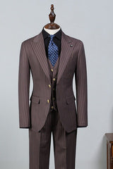 Les Popular Brown Striped Peak Lapel Slim Fit Business Suit