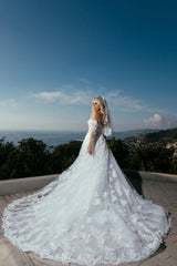 Unique A-Line Long Sleeves Sweetheart Princess Wedding Dress with Lace