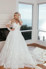 Unique A-Line Long Sleeves Sweetheart Princess Wedding Dress with Lace