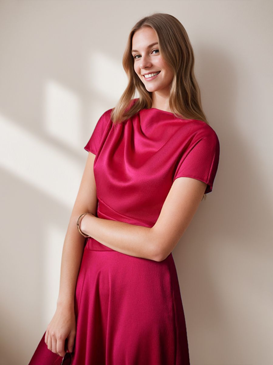 Elegant Knee-Length Wedding Guest Dress with Ruched Detail A-Line/Princess Cut Scoop Neck and Short Sleeves