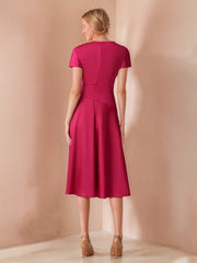 Elegant Knee-Length Wedding Guest Dress with Ruched Detail A-Line/Princess Cut Scoop Neck and Short Sleeves
