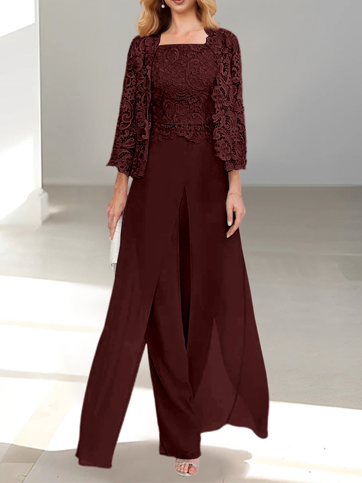 Floor-Length Square Neck Chiffon Mother of the Bride Pantsuit with Jacket & Side Split