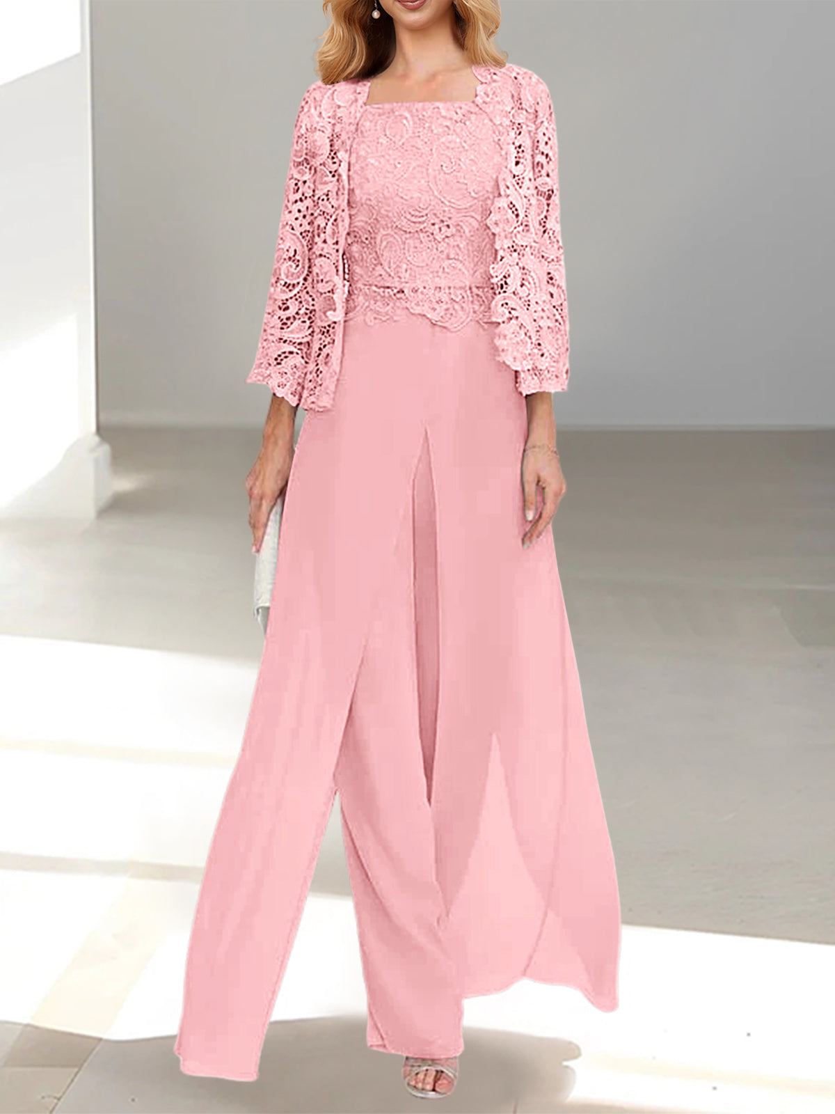 Floor-Length Square Neck Chiffon Mother of the Bride Pantsuit with Jacket & Side Split