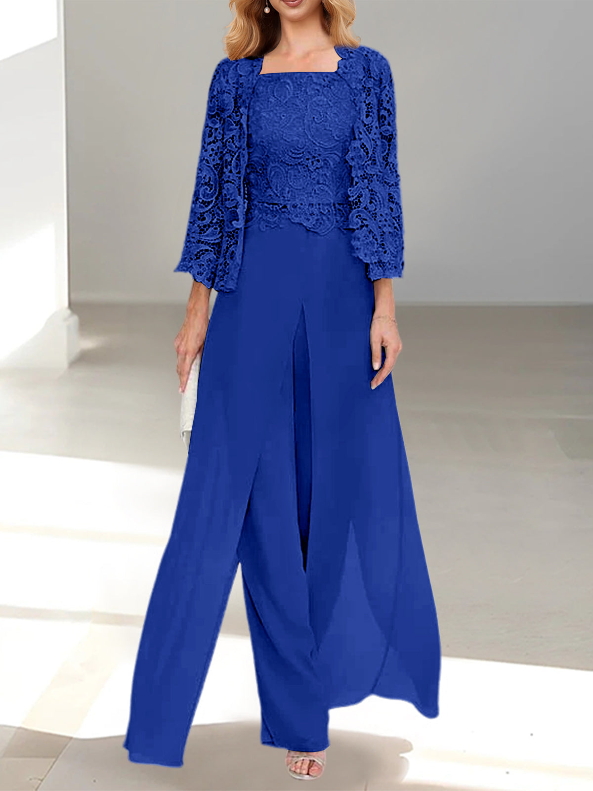 Floor-Length Square Neck Chiffon Mother of the Bride Pantsuit with Jacket & Side Split