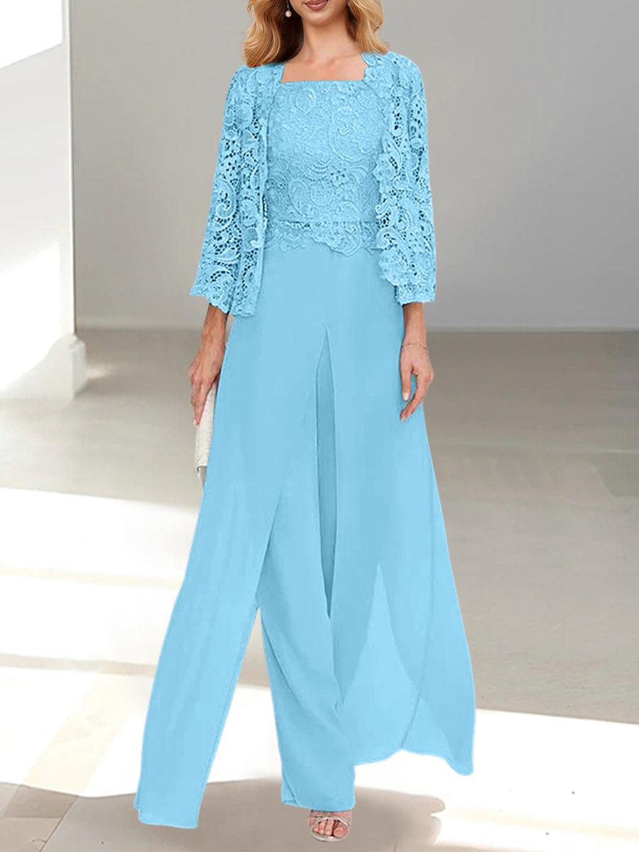 Floor-Length Square Neck Chiffon Mother of the Bride Pantsuit with Jacket & Side Split