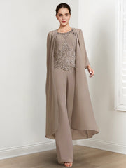 Floor-Length Round Neck Chiffon Pantsuits For The Mother Of The Bride With Jacket And Applique