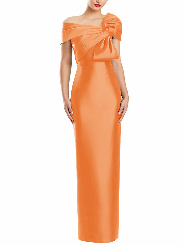 One-Shoulder Floor-Length Mother of the Bride Gown with Bow in Sheath/Column Style