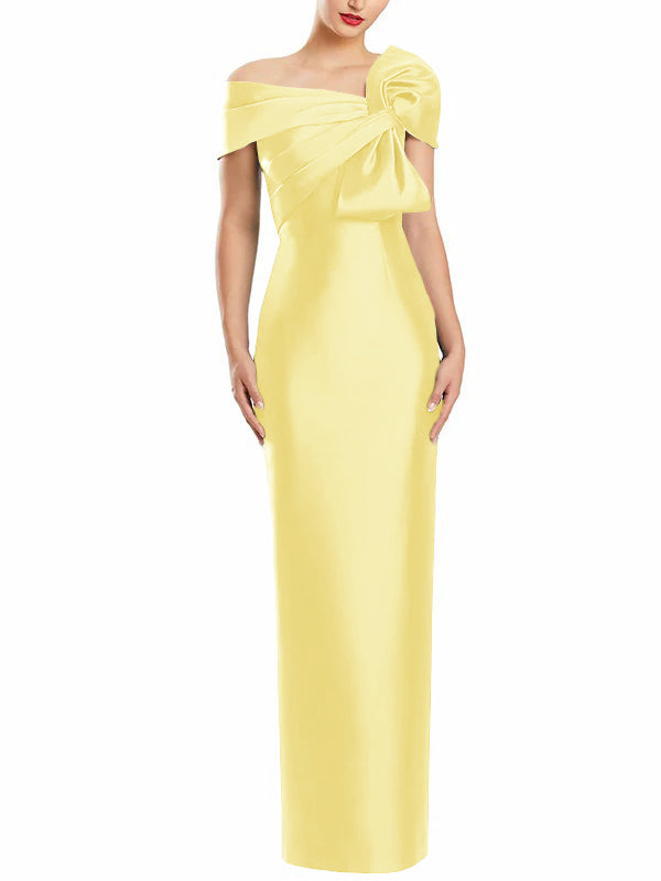 One-Shoulder Floor-Length Mother of the Bride Gown with Bow in Sheath/Column Style
