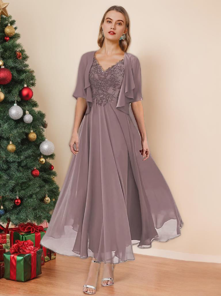 Elegant V-Neck A-Line Princess Tea-Length Dresses for the Mother of the Bride