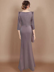 Floor-Length Plus Size Mother of the Bride Dress with Bow and 3/4 Sleeves