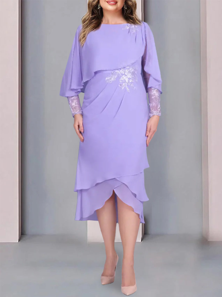 Tea-Length Mother of the Bride Dress with Scoop Neck Short Sleeves and Appliqued Lace