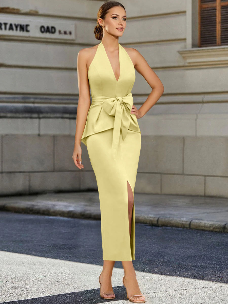 Tea-Length Sleeveless Halter Mother of the Bride Dress with Bowknot
