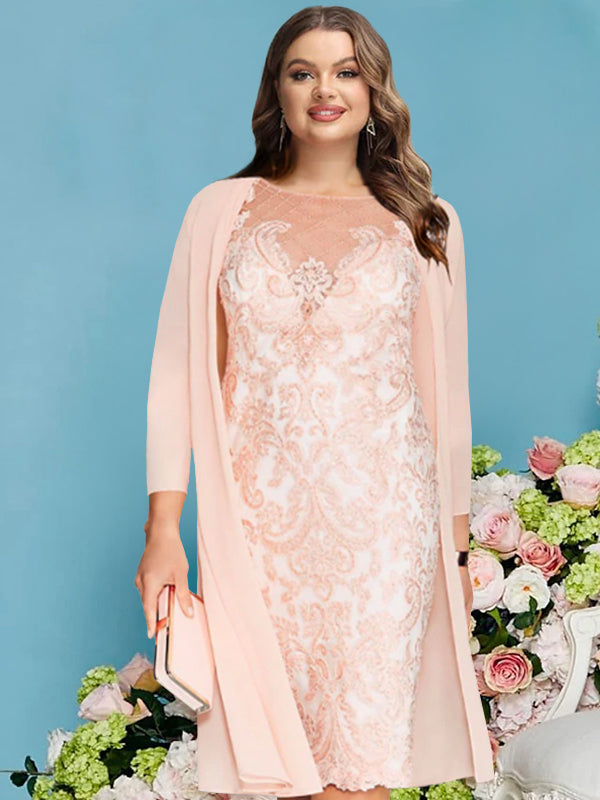 Long-Sleeve Knee-Length Sheath/Column Mother of the Bride Dress with Lace Beading Appliques
