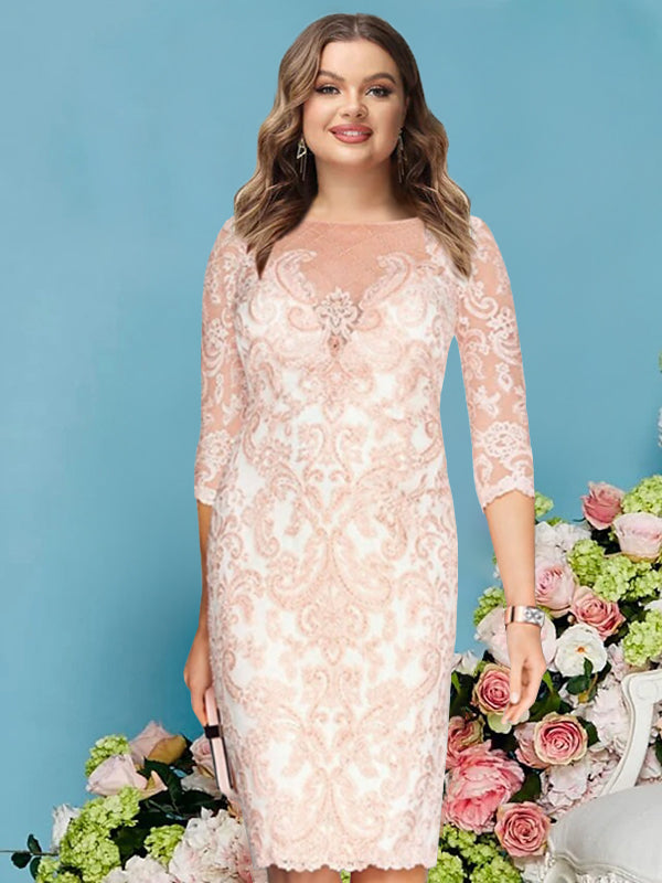 Long-Sleeve Knee-Length Sheath/Column Mother of the Bride Dress with Lace Beading Appliques