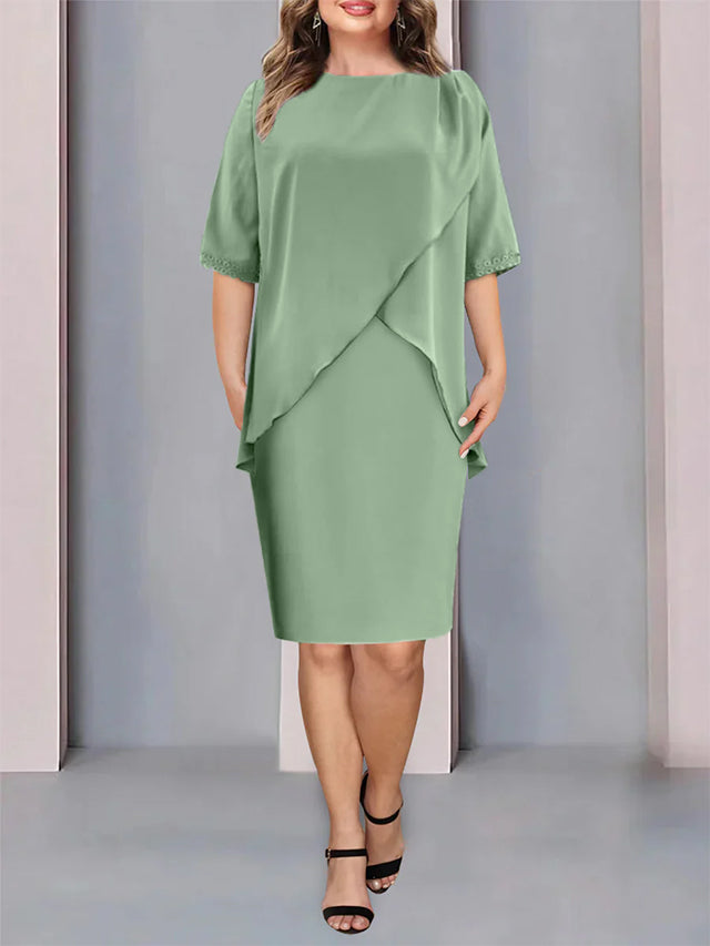 Knee-Length Plus Size Beaded and Ruched Mother of the Bride Column Jewel Neck Dress