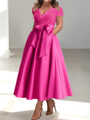 V-Neck A-Line Princess Ankle-Length Mother of the Bride Dress With Short Sleeves Pockets & Ruffles