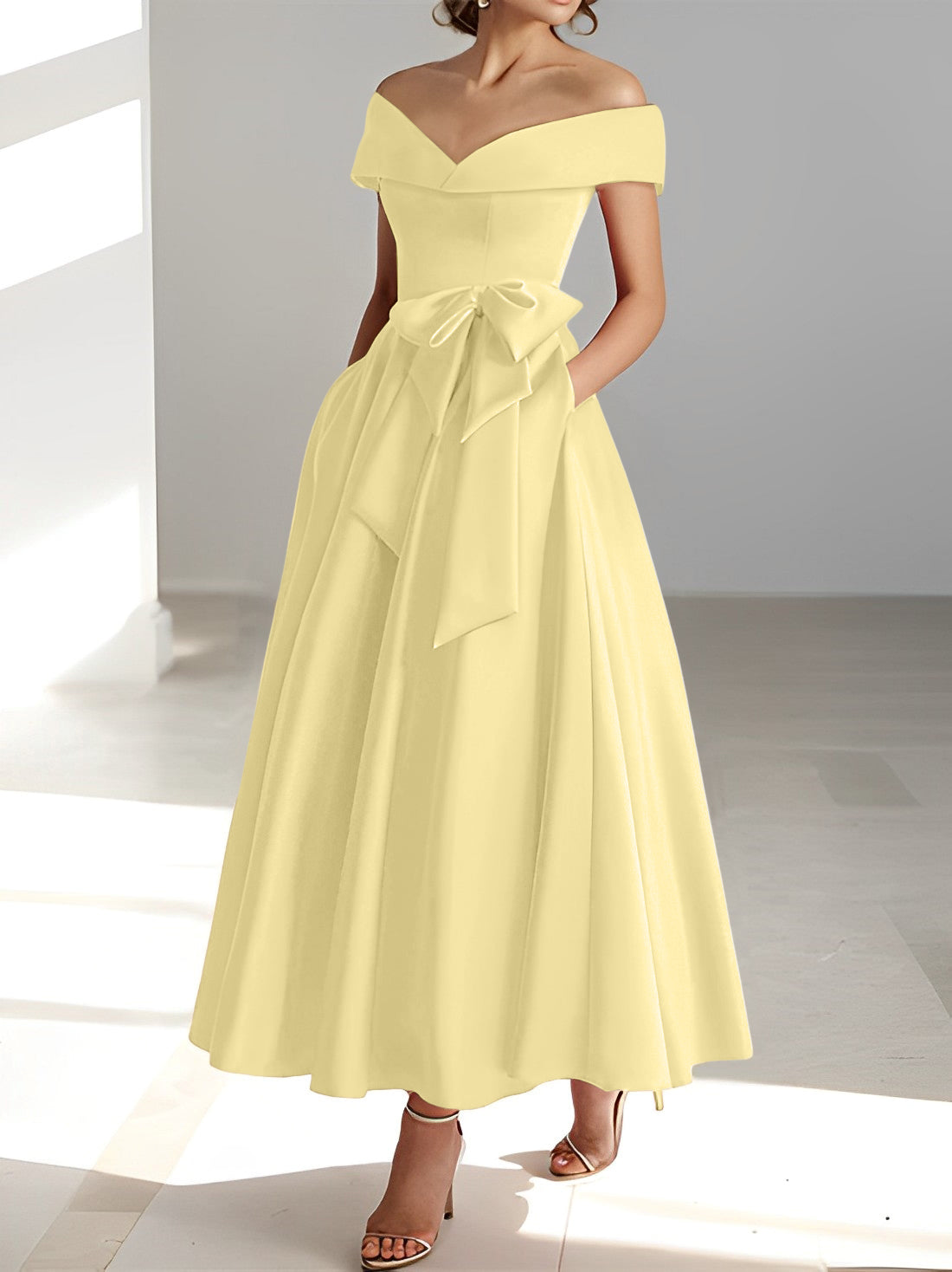 Sleeveless Off-the-Shoulder A-Line/Princess Ankle-Length Mother of the Bride Dresses with Pockets