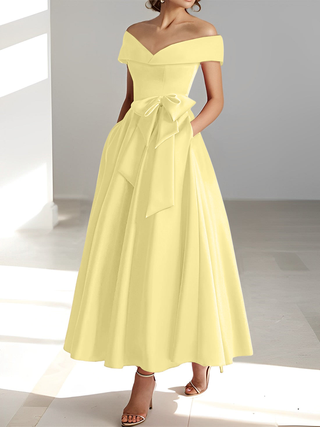 Sleeveless Off-the-Shoulder A-Line/Princess Ankle-Length Mother of the Bride Dresses with Pockets