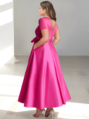 V-Neck A-Line Princess Ankle-Length Mother of the Bride Dress With Short Sleeves Pockets & Ruffles