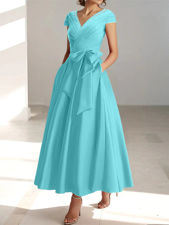 V-Neck A-Line Princess Ankle-Length Mother of the Bride Dress With Short Sleeves Pockets & Ruffles